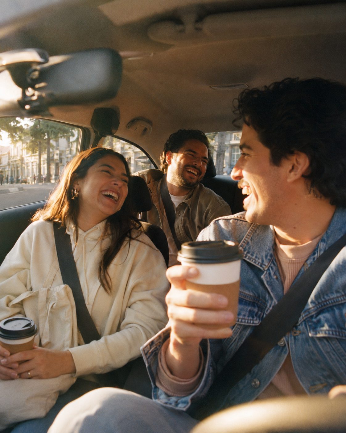 Tres amigos compartiendo el camino con café, luz de mañana