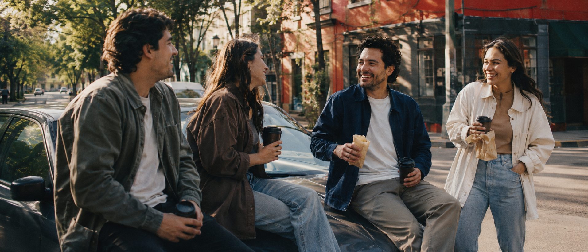 Amigos con café reunidos alrededor del auto antes de salir juntos